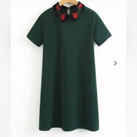 Zara Trafaluc Embroidered Peter Pan collar short sleeve green dress Sz M - Picture 9 of 11